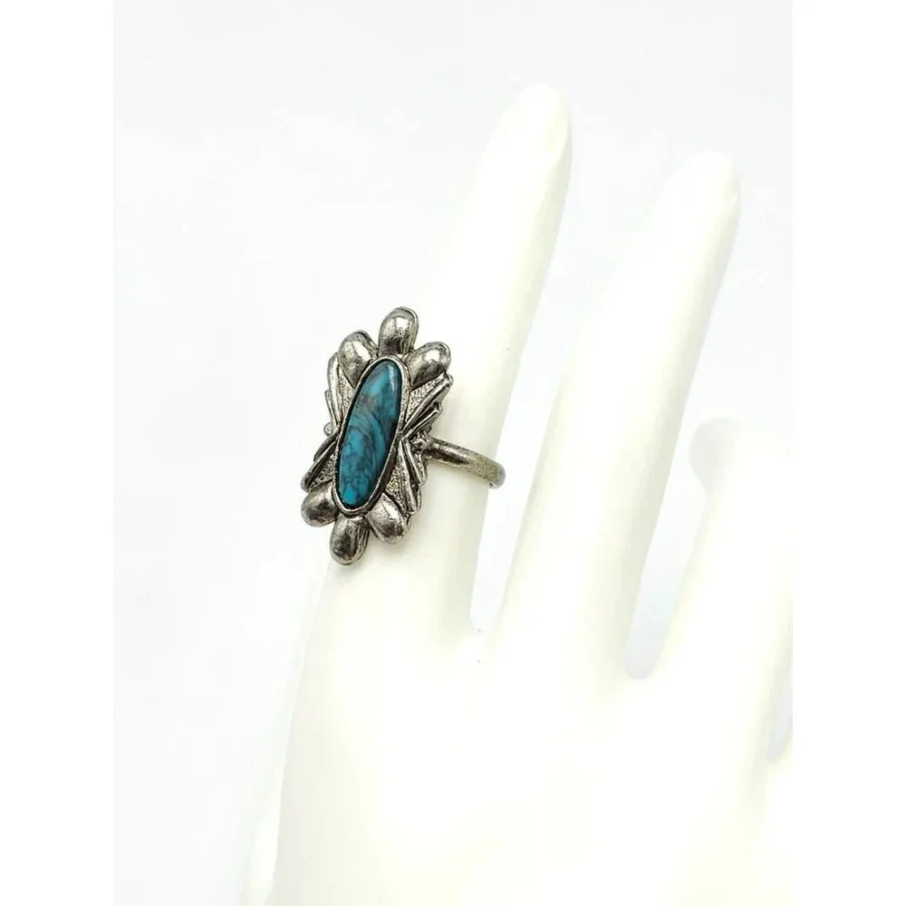 Faux Blue Turquoise Southwest Silver Tone Vintage 1970s Flower Ring Size 7.5